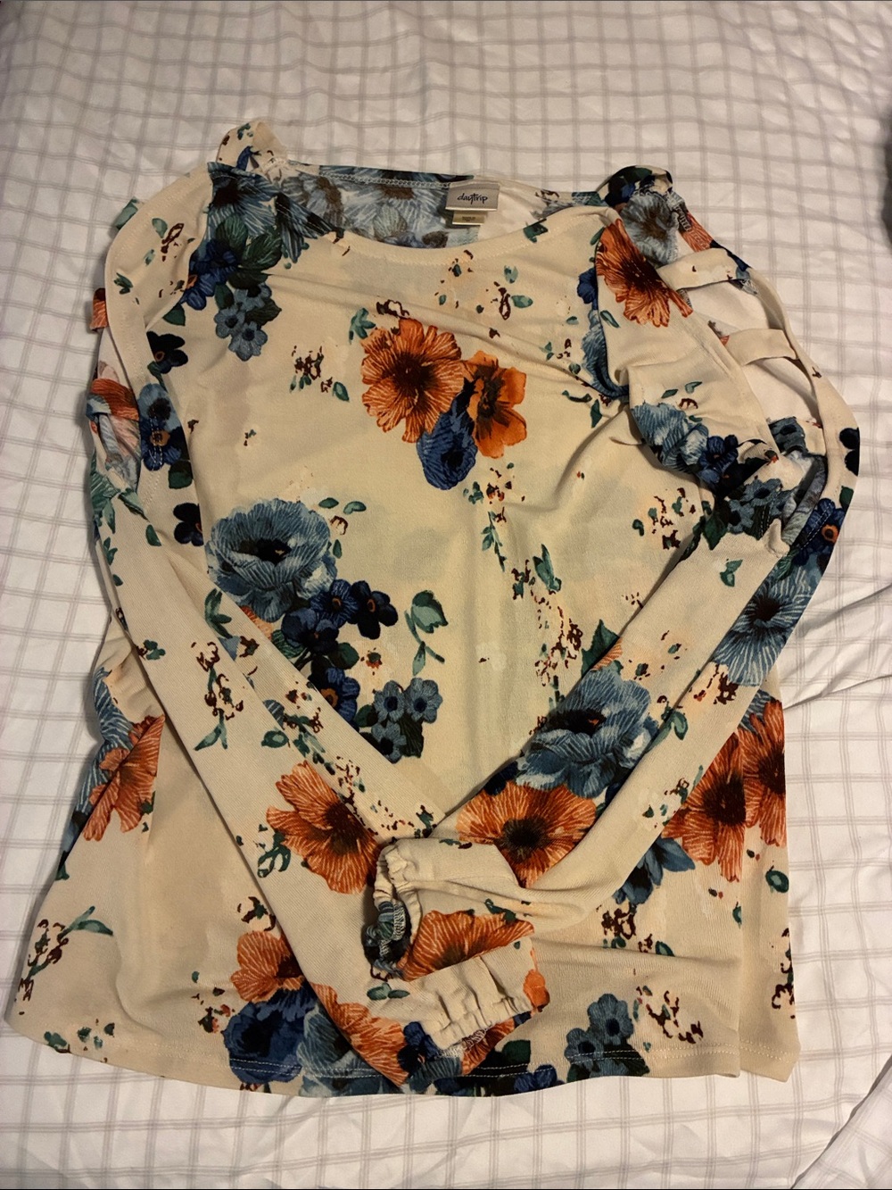 Floral Long-Sleeve Top in Cream with Blue & Orange Flowers